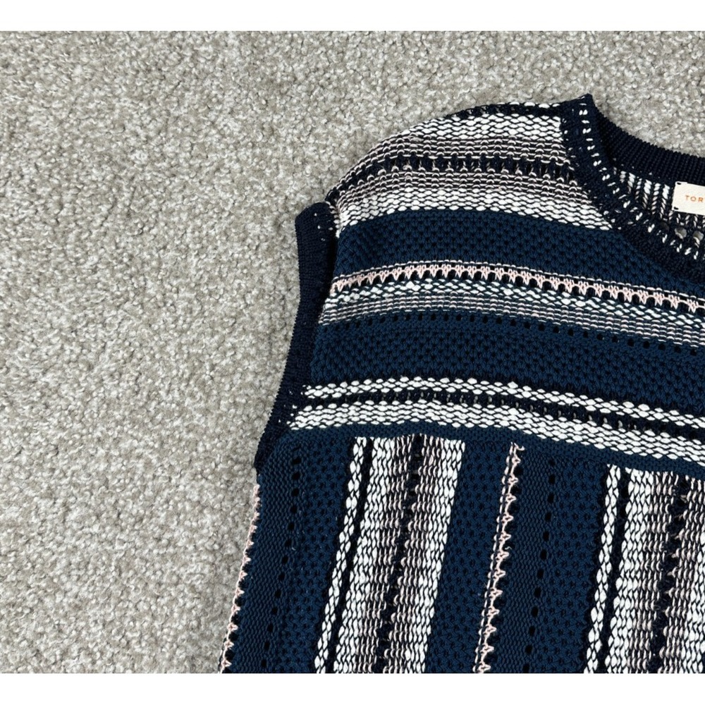 Tory Burch Sweater Womens XS Blue‎ Geometric Top Linen Blend Crochet Sleeveless - Picture 4 of 9
